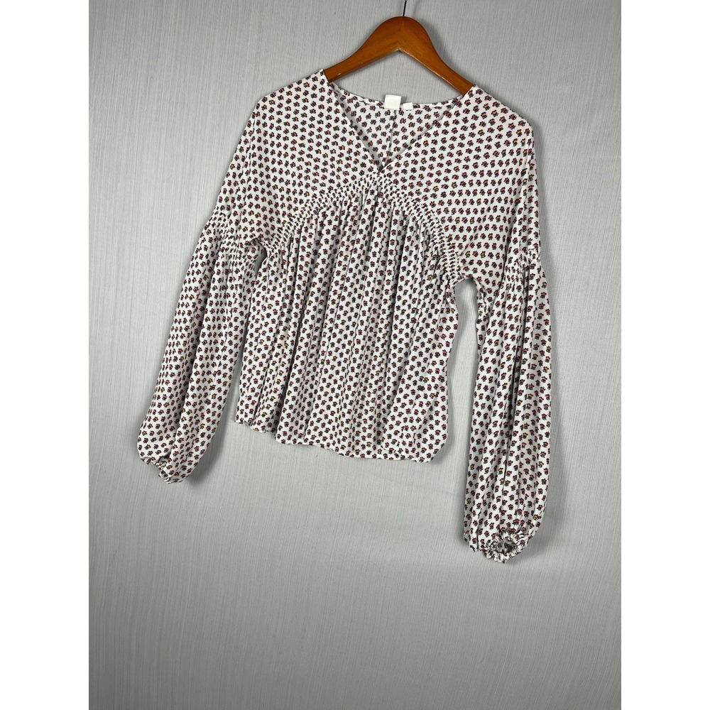 Gap Peasant‎ Blouse Womens XS White Floral Smocked V-Neck Boho Balloon Sleeve